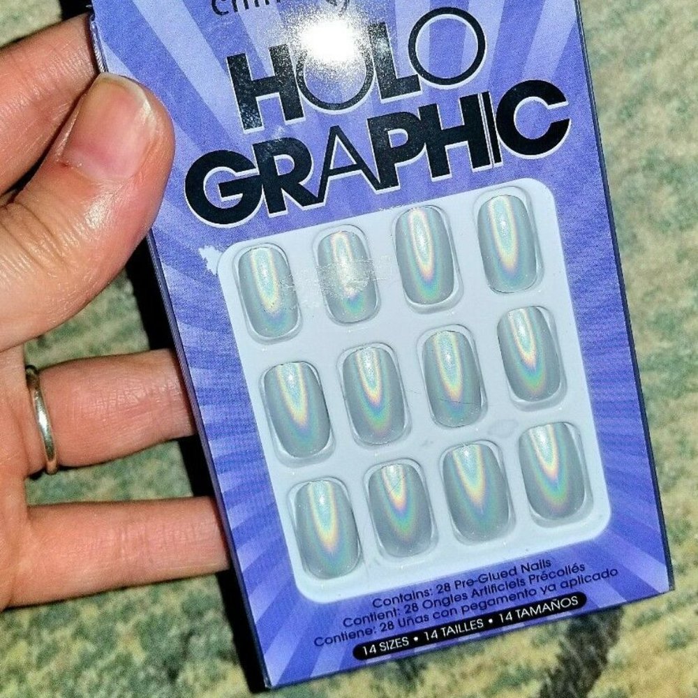 China Glaze Holographic Pre-Glued Nails Short Squoval 28pc DEADSTOCK NEW